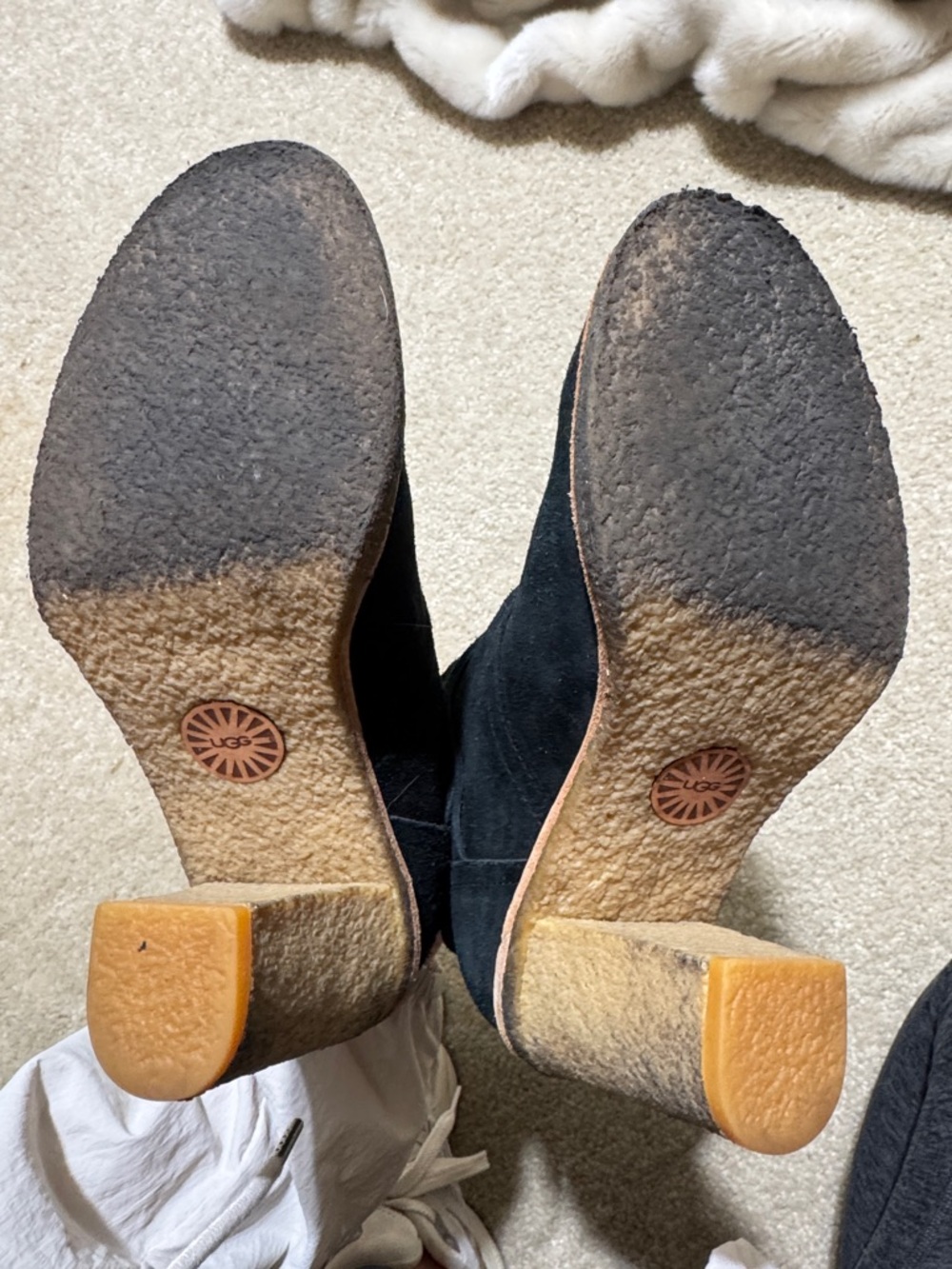 UGG Black Suede Ankle Heeled Boots with Wood-Tone Heel - Picture 5 of 6